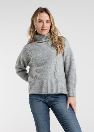 French Connection Light Grey Cable Knit Roll Neck Jumper