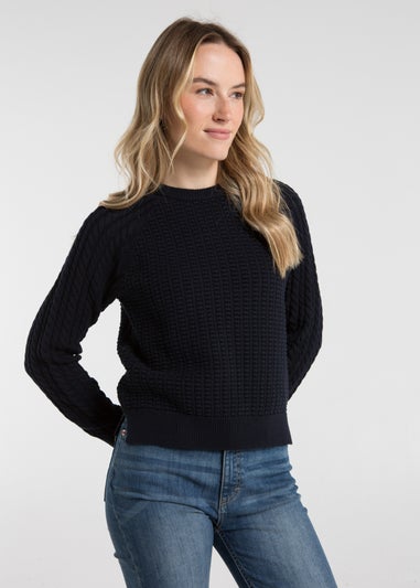 French Connection Navy Cotton Popcorn-Style Cable Knit Crew Neck Jumper