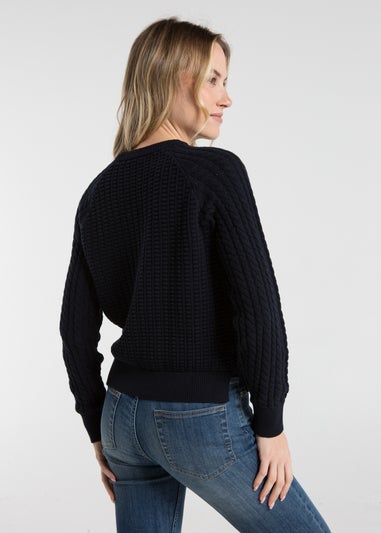 French Connection Navy Cotton Popcorn-Style Cable Knit Crew Neck Jumper