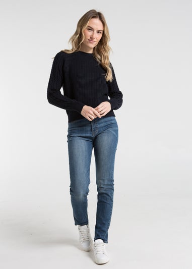 French Connection Navy Cotton Popcorn-Style Cable Knit Crew Neck Jumper