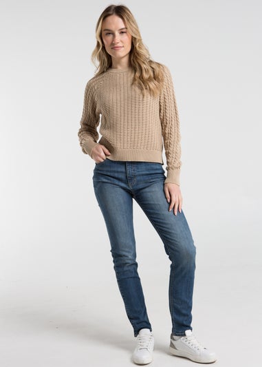 French Connection Camel Cotton Popcorn-Style Cable Knit Crew Neck Jumper