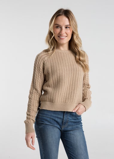 French Connection Camel Cotton Popcorn-Style Cable Knit Crew Neck Jumper