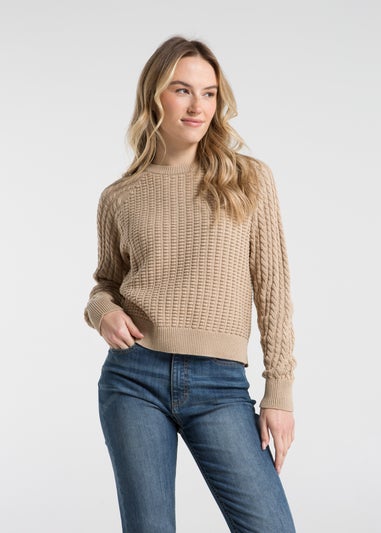 French Connection Camel Cotton Popcorn-Style Cable Knit Crew Neck Jumper