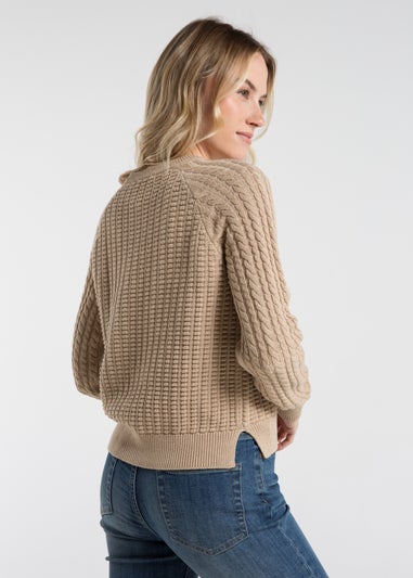 French Connection Camel Cotton Popcorn-Style Cable Knit Crew Neck Jumper