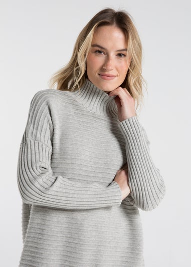 French Connection Light Grey Cotton Ribbed Knit High Neck Jumper