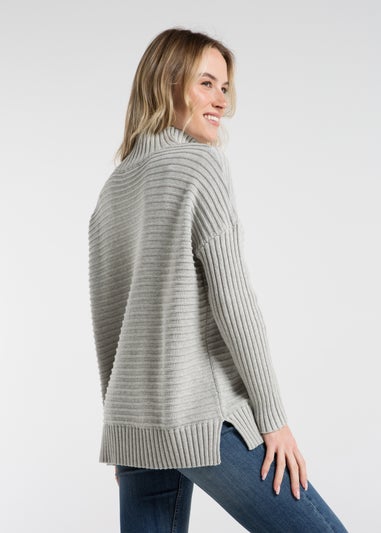 French Connection Light Grey Cotton Ribbed Knit High Neck Jumper