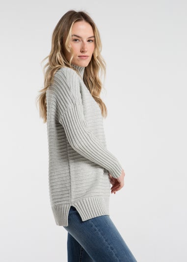 French Connection Light Grey Cotton Ribbed Knit High Neck Jumper