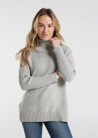 French Connection Light Grey Cotton Ribbed Knit High Neck Jumper