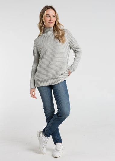 French Connection Light Grey Cotton Ribbed Knit High Neck Jumper