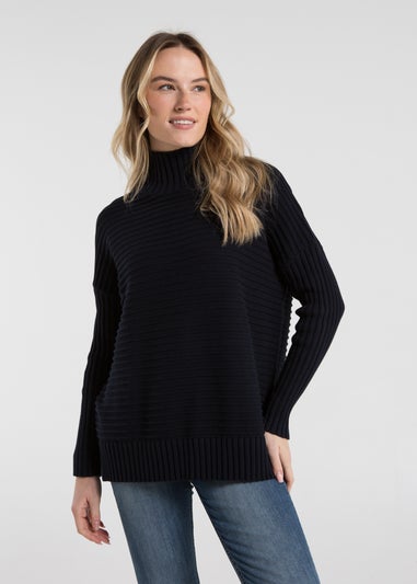 French Connection Navy Cotton Ribbed Knit High Neck Jumper