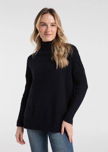 French Connection Navy Cotton Ribbed Knit High Neck Jumper