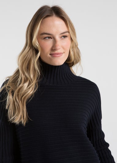 French Connection Navy Cotton Ribbed Knit High Neck Jumper