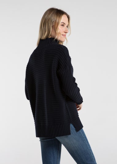 French Connection Navy Cotton Ribbed Knit High Neck Jumper