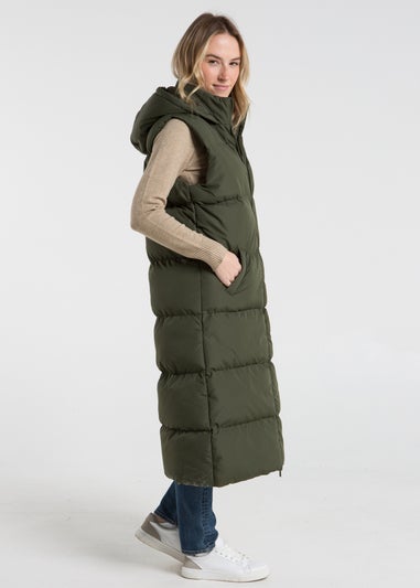 French Connection Khaki Longline Quilted Gilet with Hood