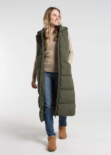 French Connection Khaki Longline Quilted Gilet with Hood