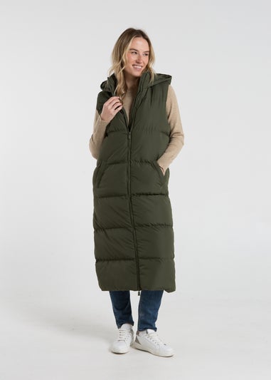 French Connection Khaki Longline Quilted Gilet with Hood