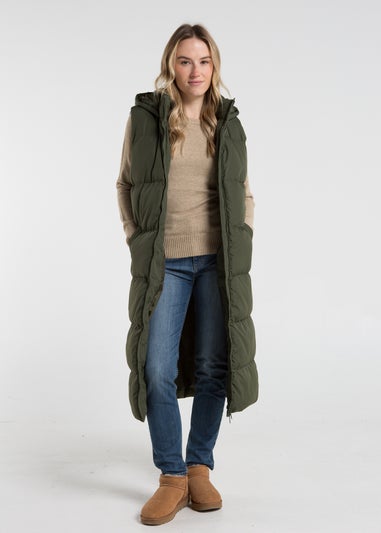 French Connection Khaki Longline Quilted Gilet with Hood