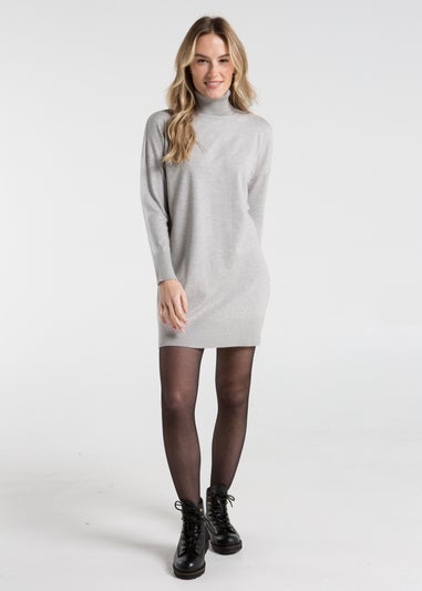 French Connection Light Grey Knit Roll Neck Mini Jumper Dress