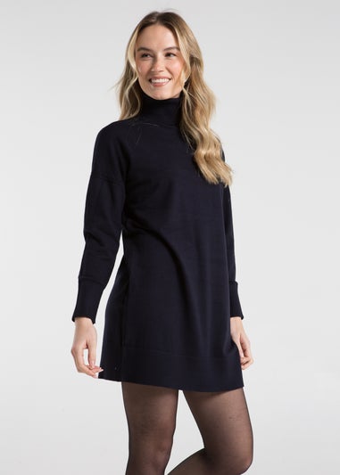 French Connection Navy Knit Roll Neck Mini Jumper Dress