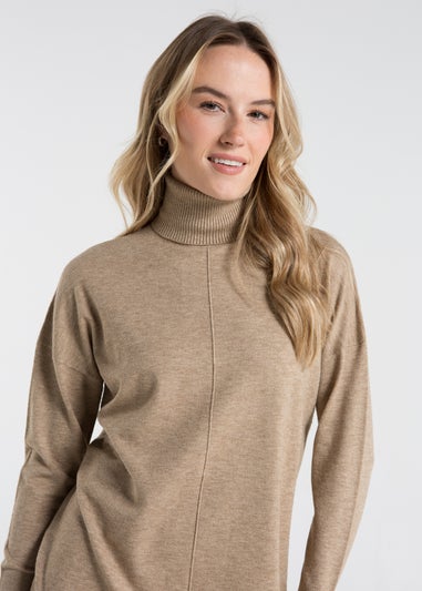 French Connection Camel Cosy Roll Neck Knitted Jumper Dress