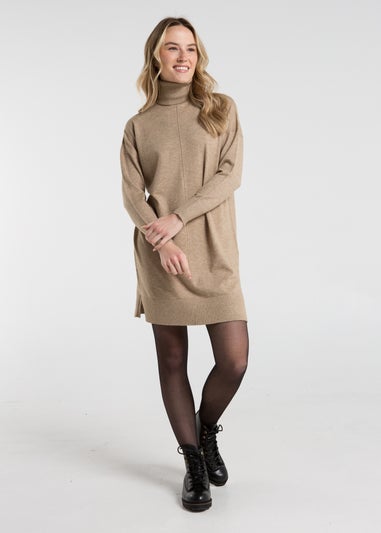 French Connection Camel Cosy Roll Neck Knitted Jumper Dress