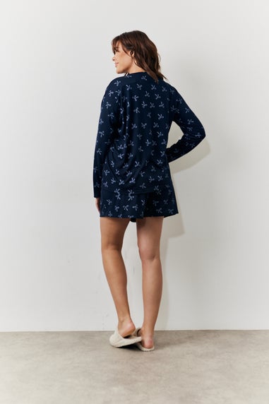 In The Style Navy Bow Print Long Sleeve & Short Set