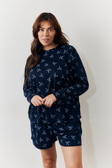 In The Style Navy Bow Print Long Sleeve & Short Set