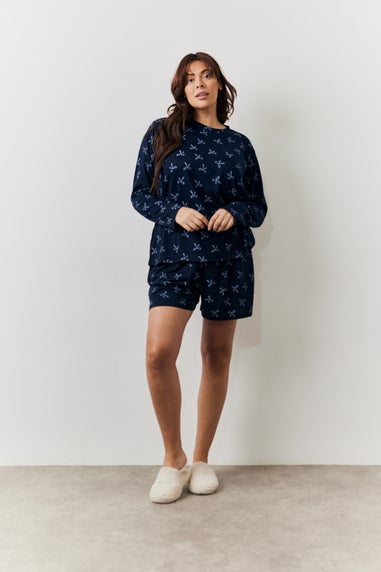 In The Style Navy Bow Print Long Sleeve & Short Set