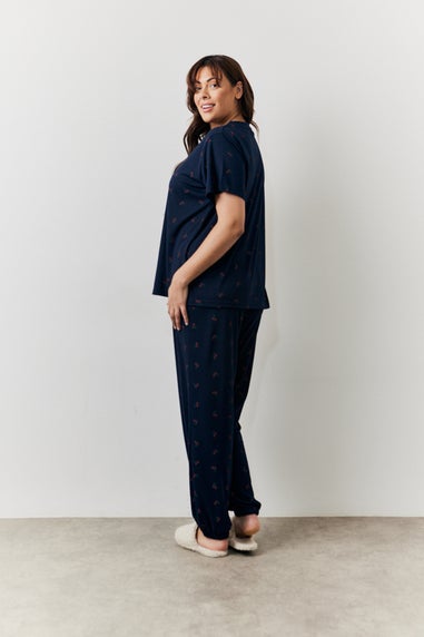 In The Style Navy Cherry Print Top & Cuff Jogger Pyjamas Set