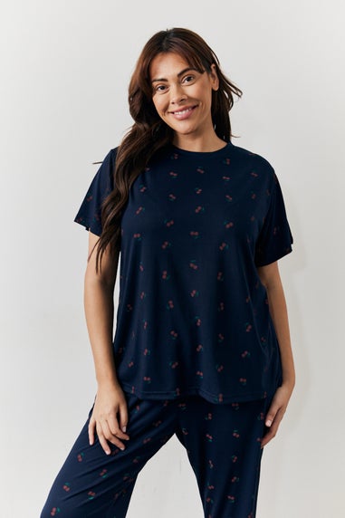 In The Style Navy Cherry Print Top & Cuff Jogger Pyjamas Set