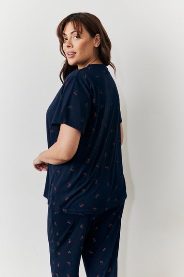 In The Style Navy Cherry Print Top & Cuff Jogger Pyjamas Set