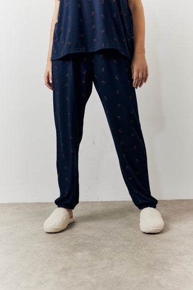 In The Style Navy Cherry Print Top & Cuff Jogger Pyjamas Set