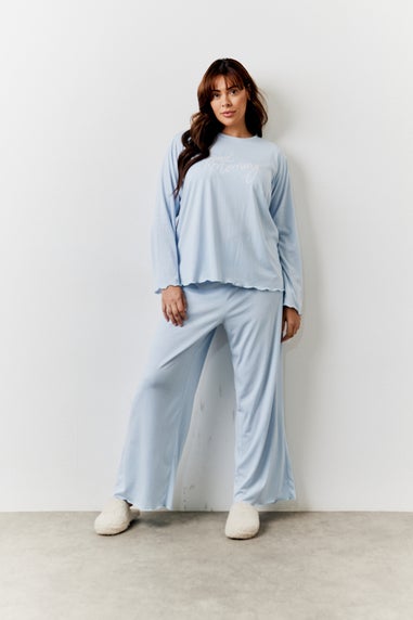 In The Style Blue Lettuce Hem Slogan Top & Trouser Pyjamas Set