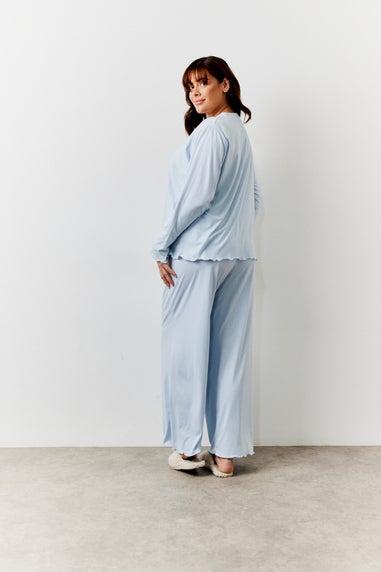 In The Style Blue Lettuce Hem Slogan Top & Trouser Pyjamas Set