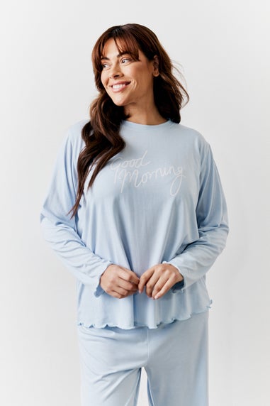 In The Style Blue Lettuce Hem Slogan Top & Trouser Pyjamas Set