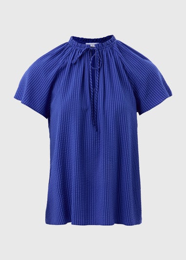 Blue Boho Tie Neck Short Sleeve Blouse