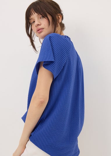 Blue Boho Tie Neck Short Sleeve Blouse
