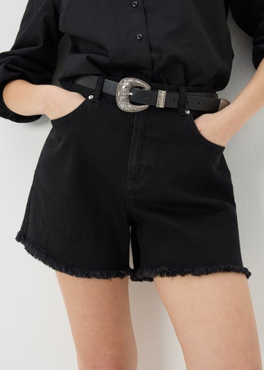 Papaya Petite Black Frayed Hem Denim Shorts