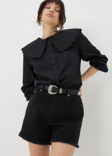Papaya Petite Black Frayed Hem Denim Shorts