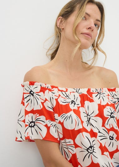 Red Floral Bardot Mini Dress