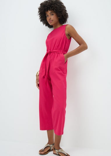 Pink Linen Blend Tie Waist Jumpsuit