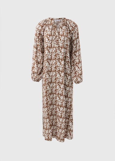 Brown Leaf Print Tunic Midaxi Dress