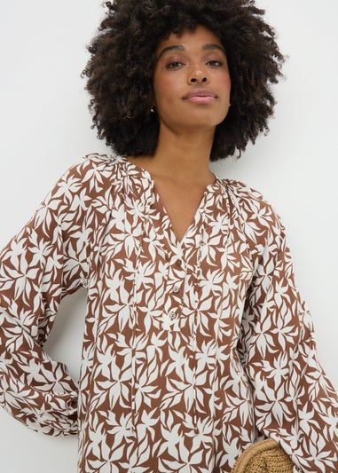 Brown Leaf Print Tunic Midaxi Dress