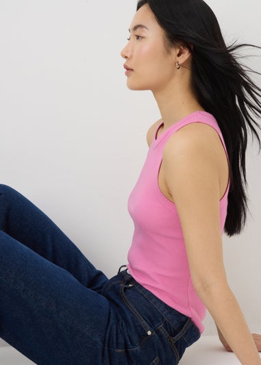 Pink Ribbed High Neck Vest Top