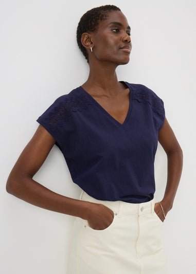 Navy Lace Trim V-Neck T-Shirt