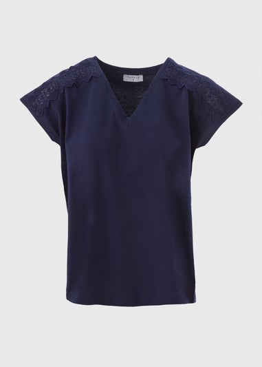 Navy Lace Trim V-Neck T-Shirt
