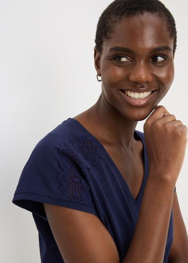 Navy Lace Trim V-Neck T-Shirt