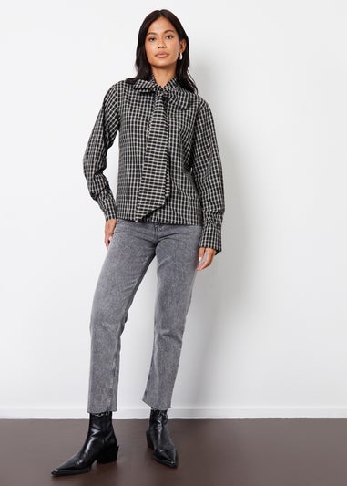 Threadbare Black Check Pussybow Detail Long Sleeve Shirt