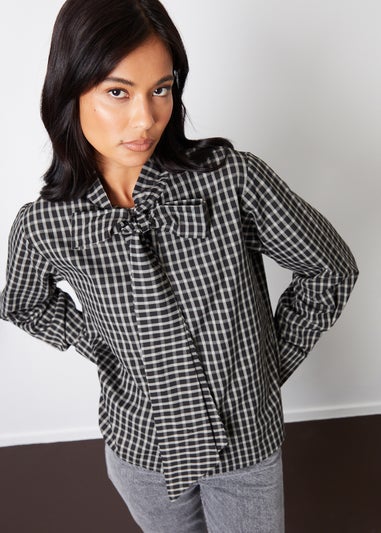 Threadbare Black Check Pussybow Detail Long Sleeve Shirt