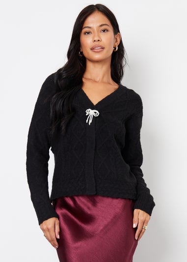 Threadbare Black Bow Detail Cable Knit Cardigan